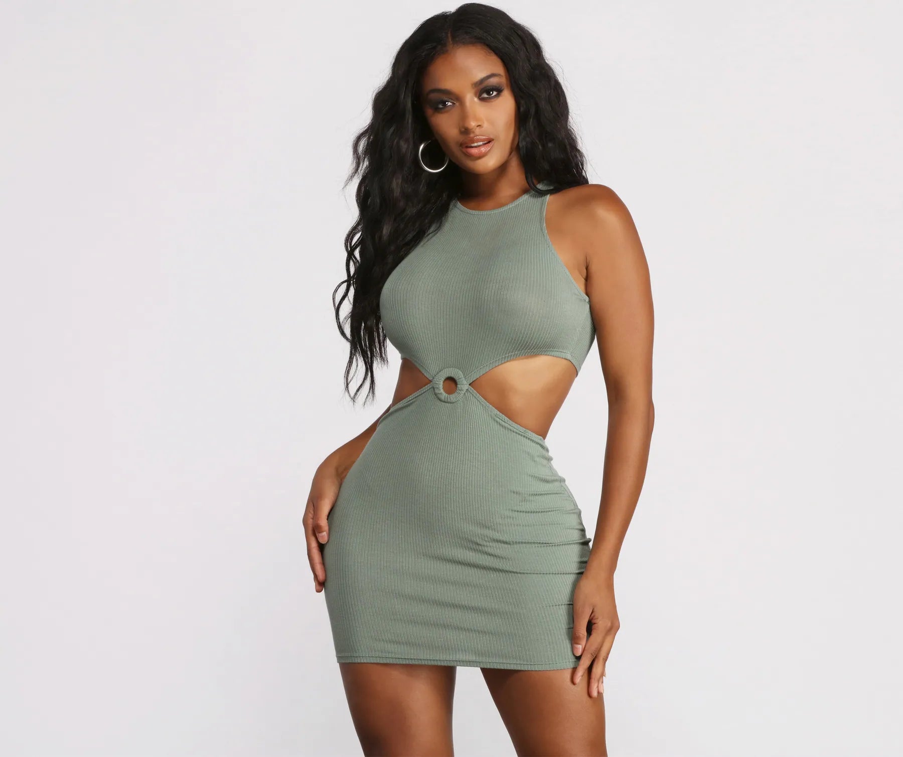 Argyle - Printed Casual Dresses in Pastel Hues​ Sleeveless Cut Out O-Ring Ribbed Mini Dress