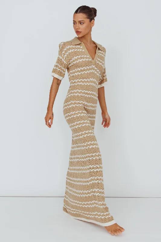Upcycled Casual Dresses for an Eco - Conscious Choice​ Clearwater Crochet Short Sleeve Maxi Dress Beige/White