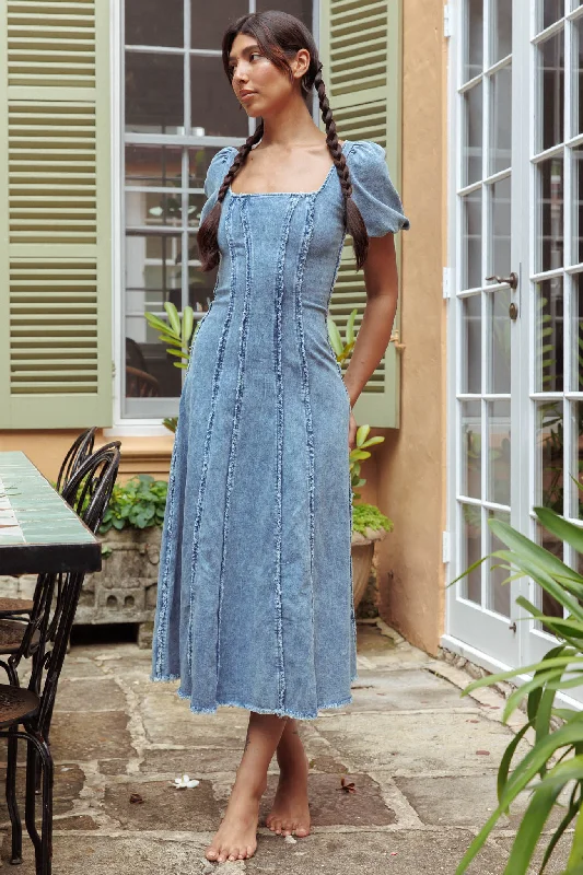 Button - Down Casual Dresses for a Classic Vibe​ Northern Sky Fringe Puff Sleeve Midi Dress Denim Blue