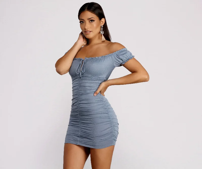 Pleated Casual Dresses for a Structured Look​ Oh So Dainty Ruffle Trim Off Shoulder Ruched Mini Dress