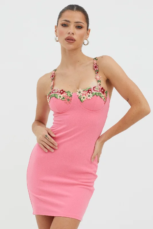 Long - Sleeve Casual Dresses in Lightweight Fabrics​ Rose Garden Floral Applique Bodycon Mini Dress Hot Pink