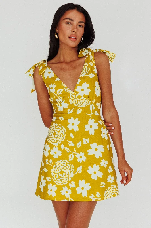 Outdoor Event Casual Dresses in Durable Fabrics​ Mykonos Morning Tied Shoulder Mini Dress Floral Tan