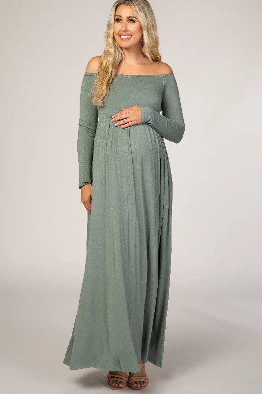 Upcycled Casual Dresses for an Eco - Conscious Choice​ Sage Off Shoulder Long Sleeve Maternity Maxi Dress