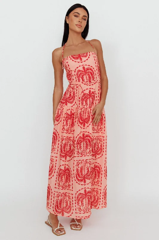 Button - Down Casual Dresses for a Classic Vibe​ Natasia Halterneck Maxi Dress Palm Print Red