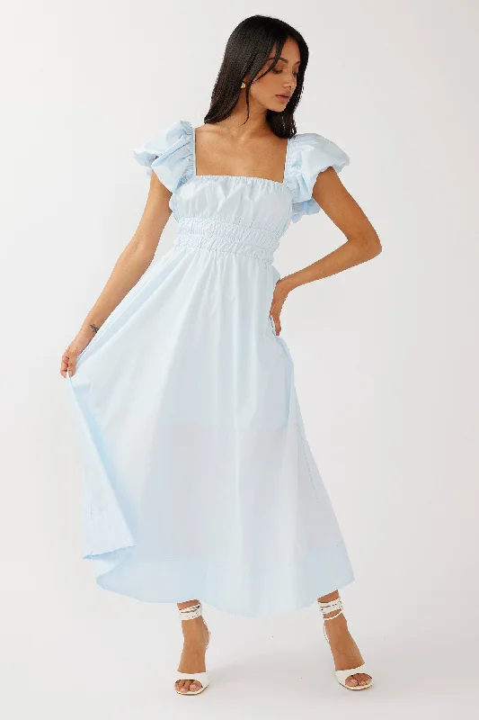 Belted Casual Dresses to Define the Waist​ Rose Meadow Puffed Sleeve Midi Dress Blue
