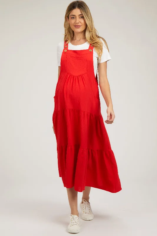 Wrap - Style Casual Dresses for Easy Wear​ Red Button Sling Tiered Maternity Midi Dress