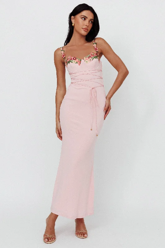 Jewelry - Complementary Casual Dresses for a Complete Look​ Rose Garden Floral Applique Laced Midi Dress Baby Pink
