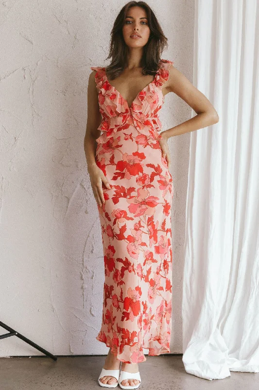 Abstract - Printed Casual Dresses for a Contemporary Vibe​ Second Chances Ruffle Trim Midi Dress Floral Pink