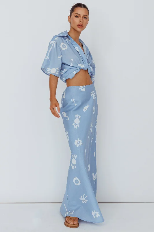 Cotton - Linen Blend Casual Dresses​ Light Aura Maxi Skirt Print Blue White