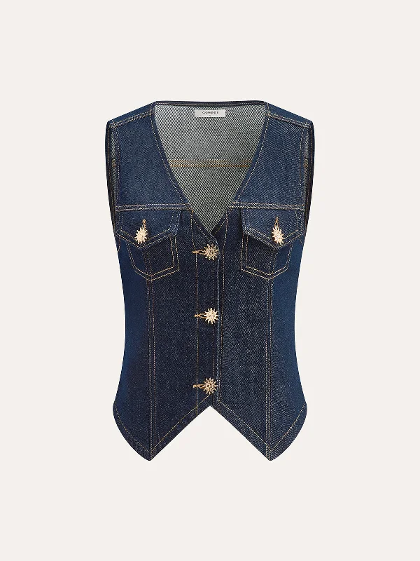 Knit Casual Dresses in Chunky Patterns​ Metal Detail Denim Vest