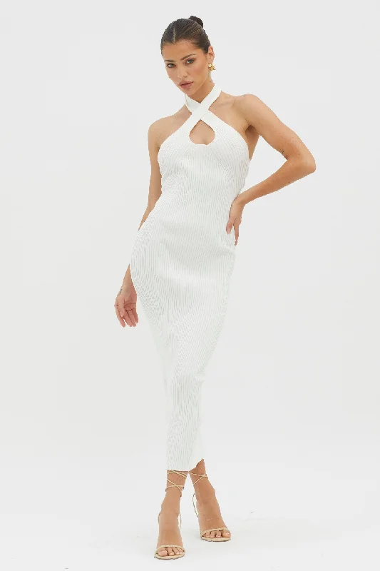 Upcycled Casual Dresses for an Eco - Conscious Choice​ Lovelock Halterneck Ribbed Knit Midi Dress White