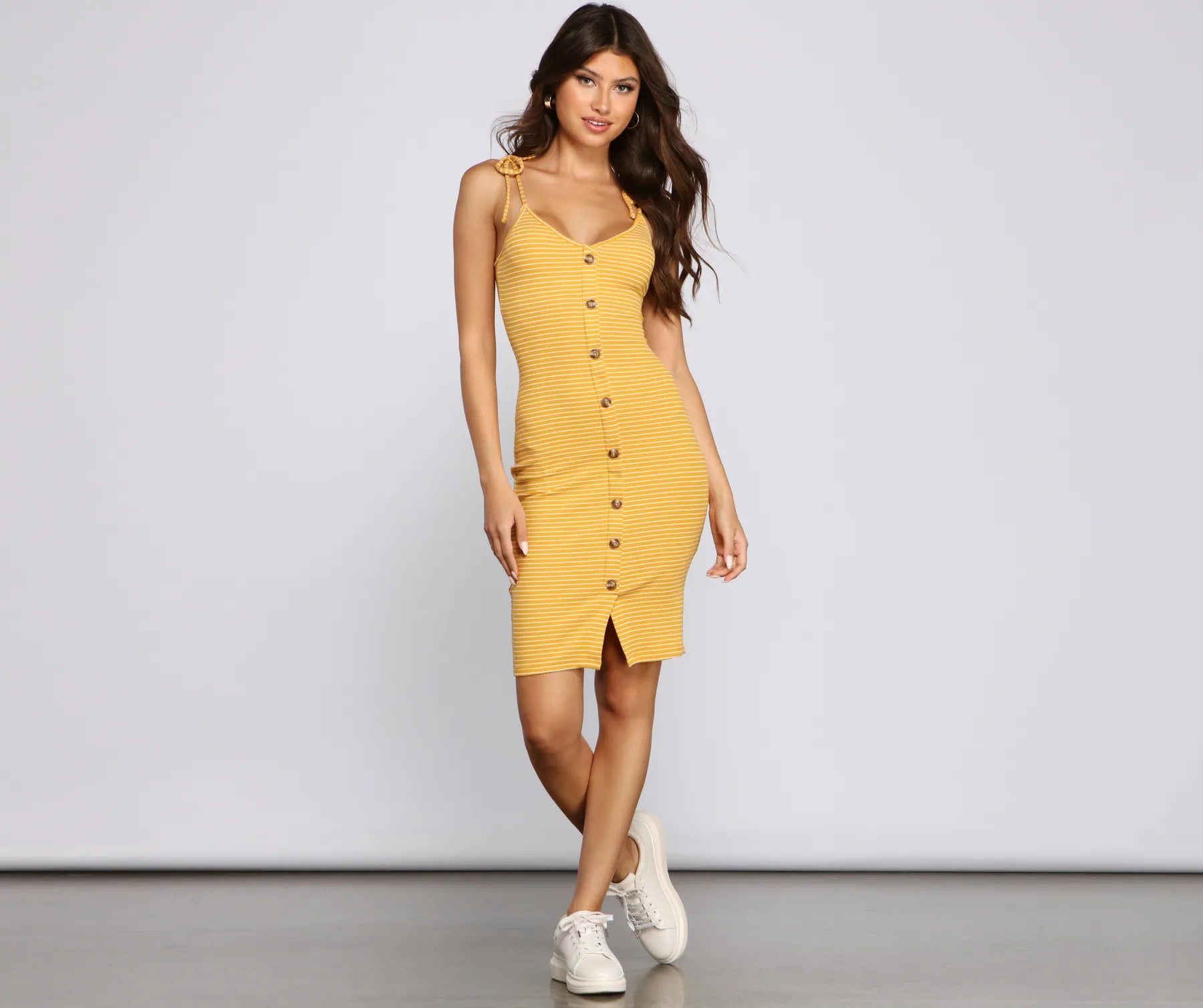 Drawstring - Waist Casual Dresses for Adjustable Tightness​ Buttoned In Sassy Stripes Midi Dress