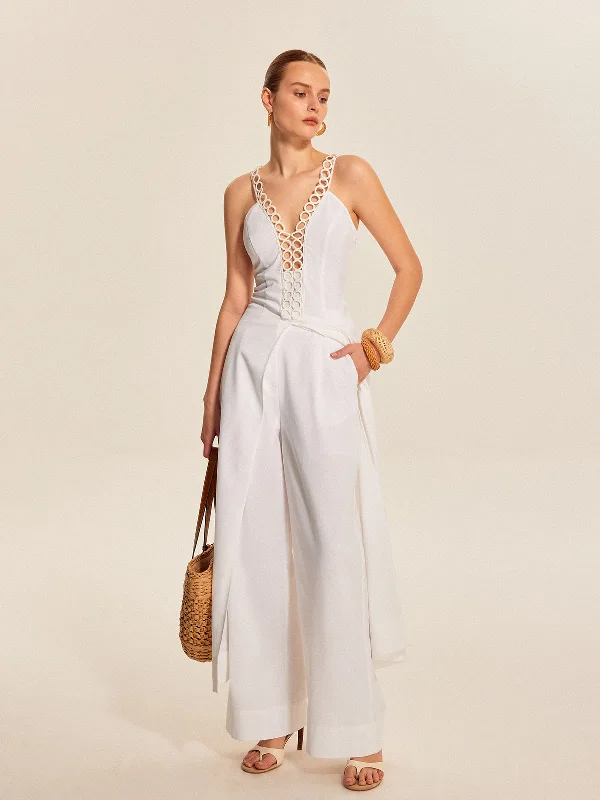 Summer - Appropriate Casual Dresses in Lightweight Materials​ Hollow-Out Lace-Up V-Neck Top