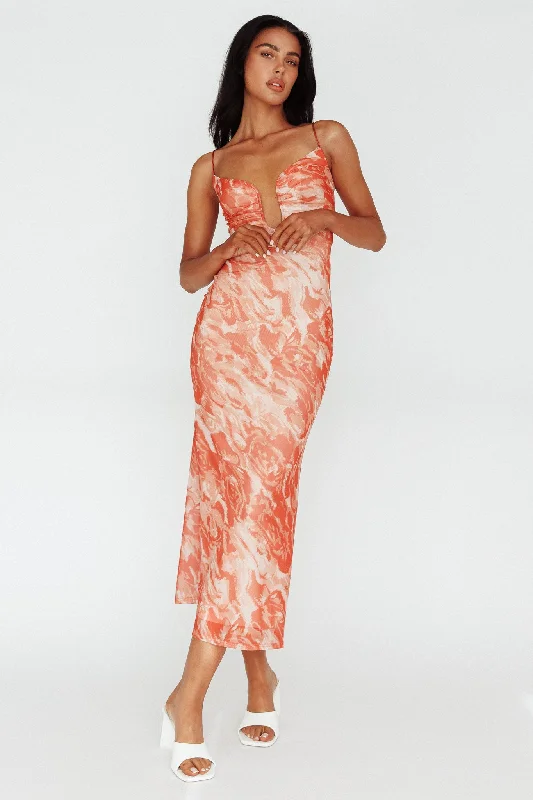 Wrap - Style Casual Dresses for Easy Wear​ Nouveau U-Neckline Midi Dress Marbled Orange