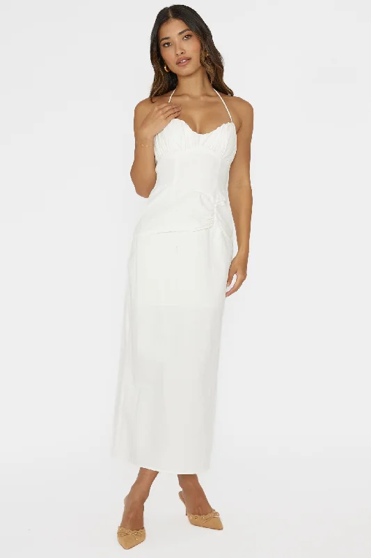 Midi Casual Dresses in Trendy Patterns​ Arielle Gathered Bust Halterneck Midi Dress White