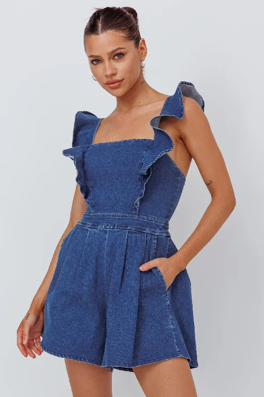 Non - Slip Casual Dresses with Adjustable Straps​ Nola Flared Ruffle Romper Light Denim
