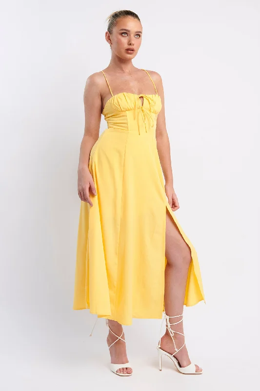 Quick - Dry Casual Dresses for Travel and Outdoor Use​ Euro Summer Split Hem Midi Dress Yellow