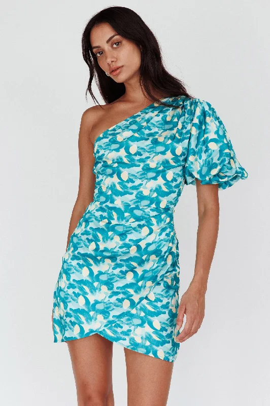 Beach Casual Dresses with a Breezy Design​ Krishna One-Shoulder Puff Sleeve Mini Dress Green