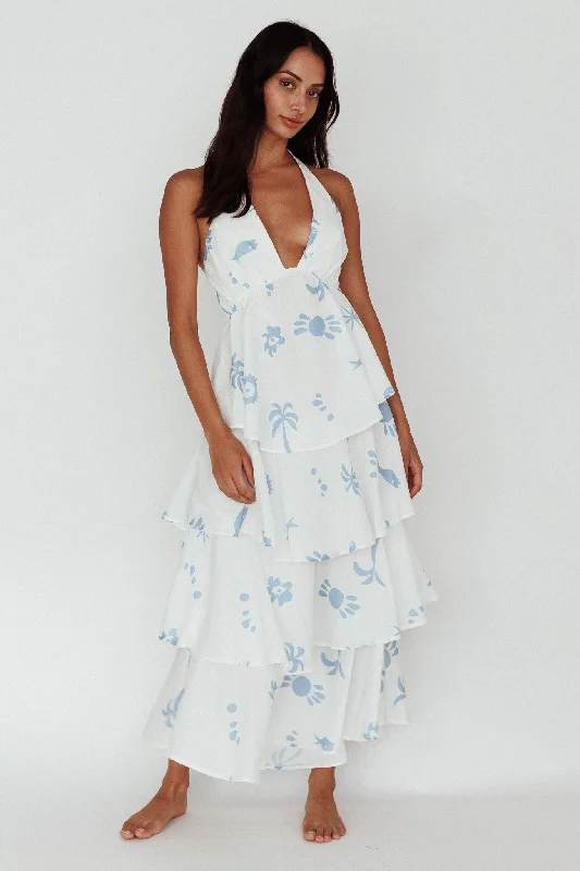 Striped Casual Dresses in Cotton Blend​ Catalina Tiered Ruffle Maxi Dress White Blue