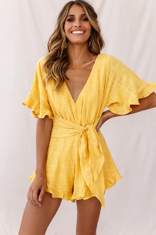 Off - Shoulder Casual Dresses for a Feminine Touch​ Karin Frill Trim Waist Tie Romper Mustard