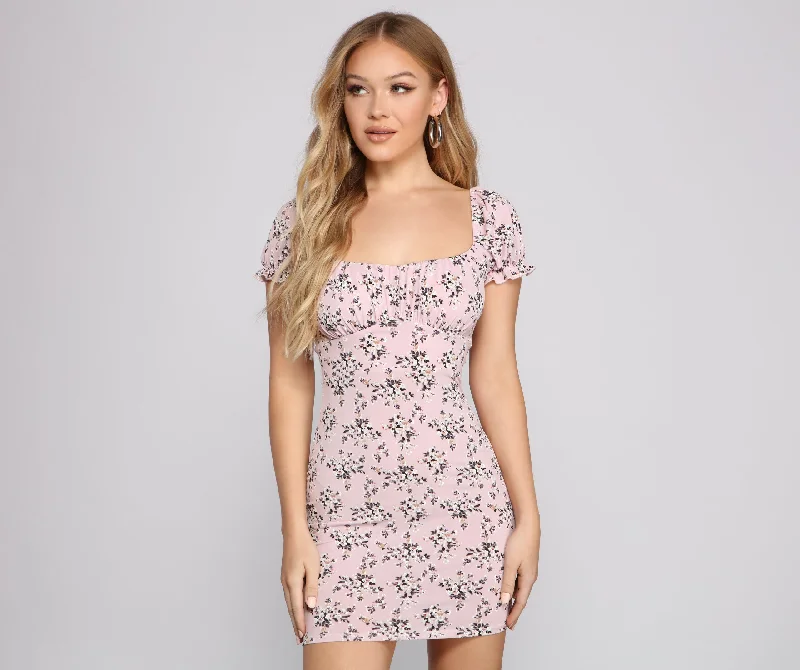 Tie - Dye Casual Dresses for a Retro Style​ Chic Charm Puff Sleeve Floral Mini Dress