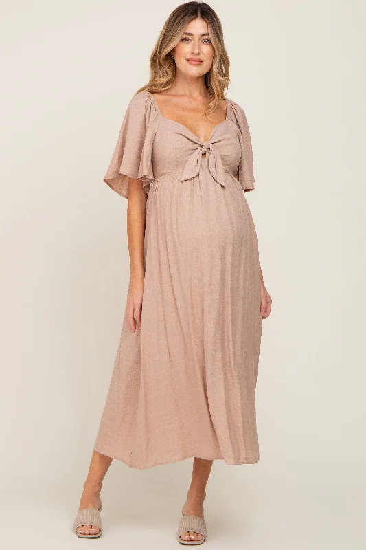 Metallic - Accented Casual Dresses for a Shiny Finish​ Mocha Front Tie Ruffle Sleeve Maternity Midi Dress