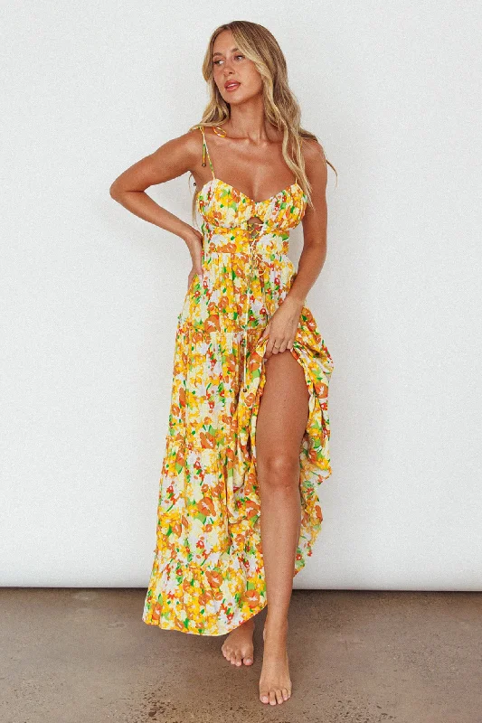 Upcycled Casual Dresses for an Eco - Conscious Choice​ Kinlee Lace-Up Bodice Maxi Dress Floral Orange