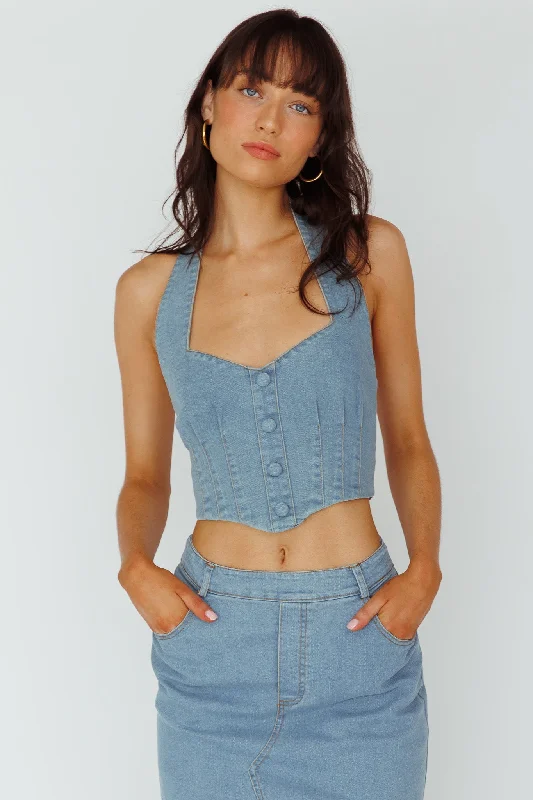 Winter - Warm Casual Dresses with Lined Fabrics​ Zurich Halter Crop Top Denim Blue