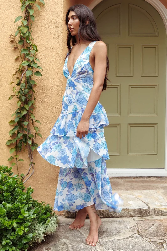 Scarf - Accented Casual Dresses for Added Style​ Veda Strappy Back Ruffle Midi Dress Floral Blue