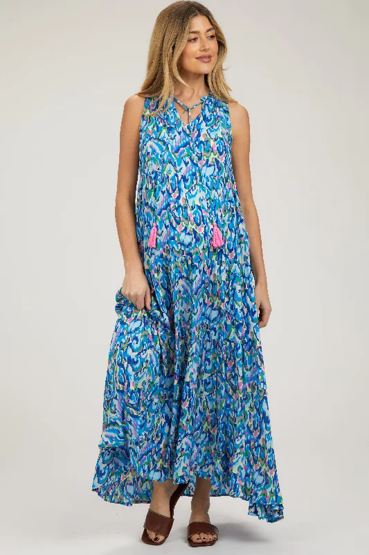 Polyester - Cotton Blend Casual Dresses​ Blue Sleeveless V-Neck Ruffle Neck Tiered Maternity Maxi Dress