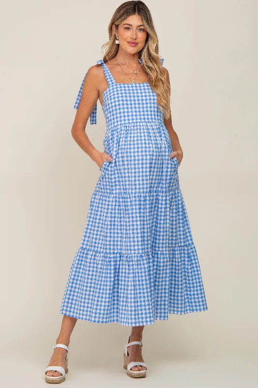 Fall - Style Casual Dresses with Earthy Tones​ Blue Checkered Sleeveless Tiered Maternity Maxi Dress