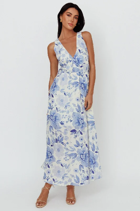 Festival - Inspired Casual Dresses with Bohemian Flair​ Perla V-Neck Drawstring Maxi Dress Floral Blue