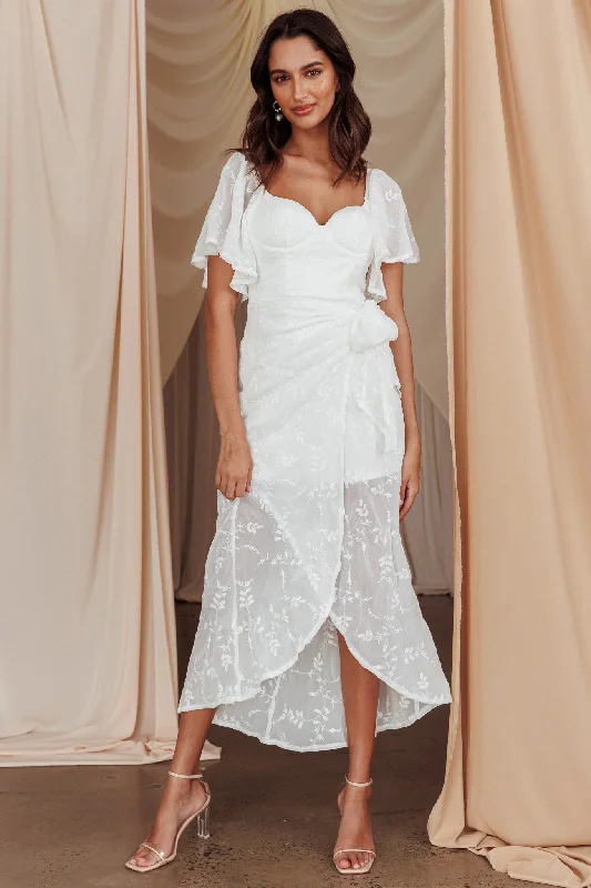 Cotton - Linen Blend Casual Dresses​ Aphrodite Molded Bust Angel Sleeve Midi Dress Floral White