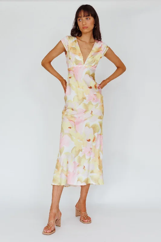 Custom - Made Casual Dresses for a Personalized Fit Lucinda Cap Sleeve Twist Back Midi Dress Flower Pink