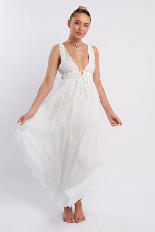 Party Casual Dresses for a Night Out​ Kylin V-Neck Tied Bust Maxi Dress White