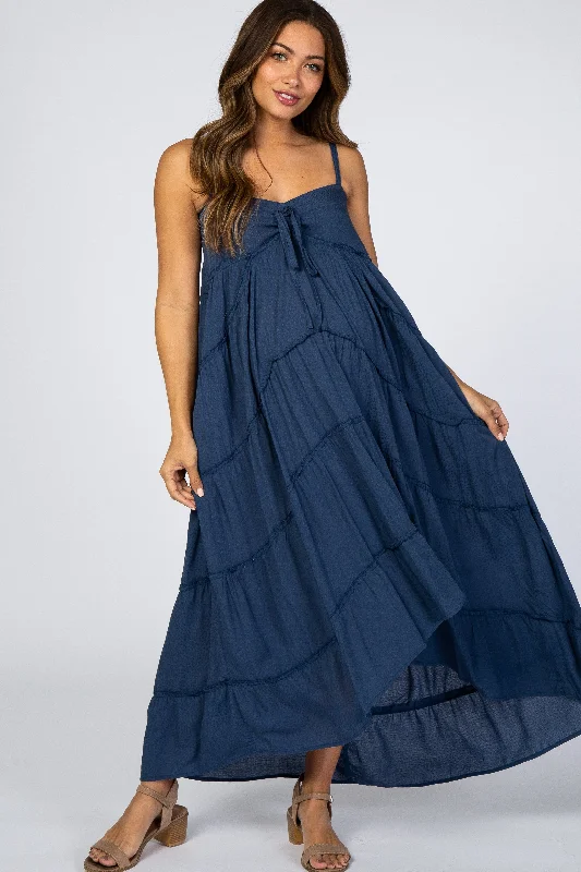 Anti - Wrinkle Casual Dresses for Easy Maintenance​ Navy Blue Ruffle Tier Hi-Low Maternity Dress