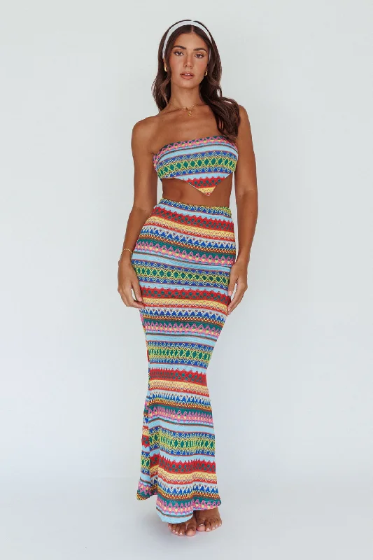Non - Slip Casual Dresses with Adjustable Straps​ Tulum Knit Midi Skirt Blue Multi