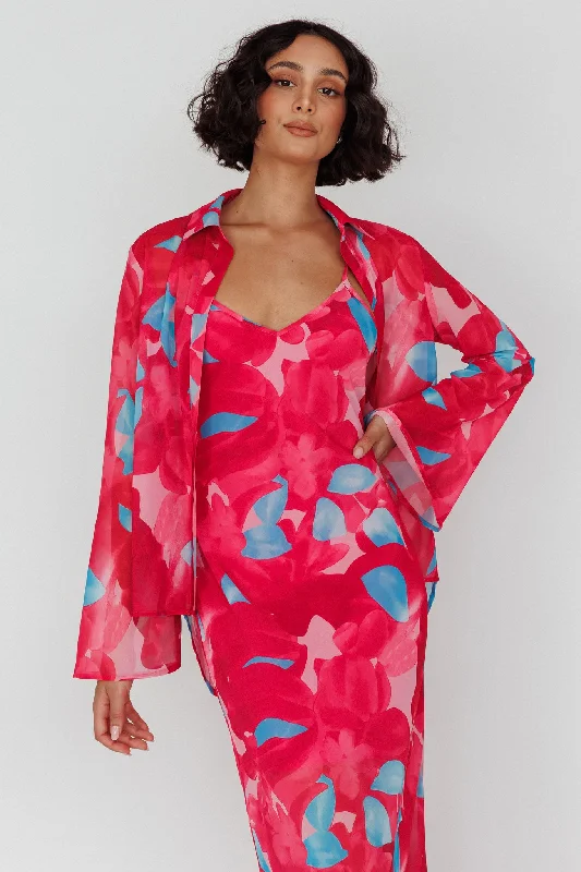 Boho Style Casual Dresses with Fringe Details​ Stasi Flared Cuff Long Sleeve Shirt Floral Pink