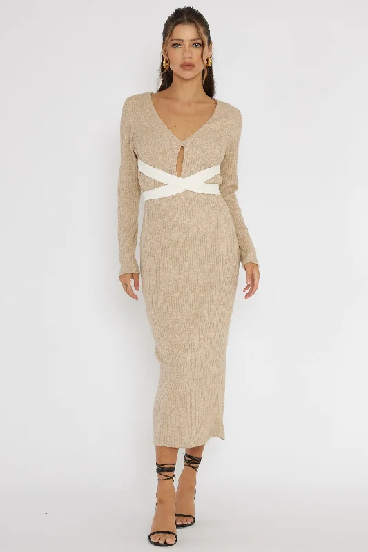 Knit Casual Dresses in Chunky Patterns​ So Emotional Long Sleeve Cut-Out Knit Dress Oat
