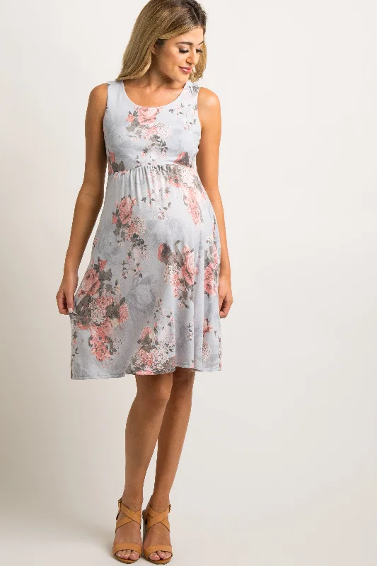 Beach Casual Dresses with a Breezy Design​ Light Grey Floral Sleeveless Maternity Dress
