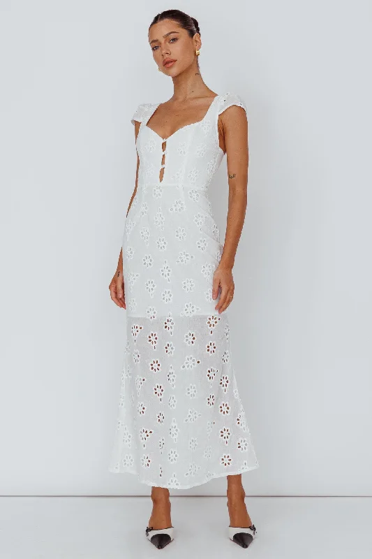 Organic Cotton Casual Dresses for a Natural Choice Bohemian Sun Cap Sleeve Eyelet Midi Dress White Organic Cotton Casual Dresses for a Natural Choice Bohemian Sun Cap Sleeve Eyelet Midi Dress White