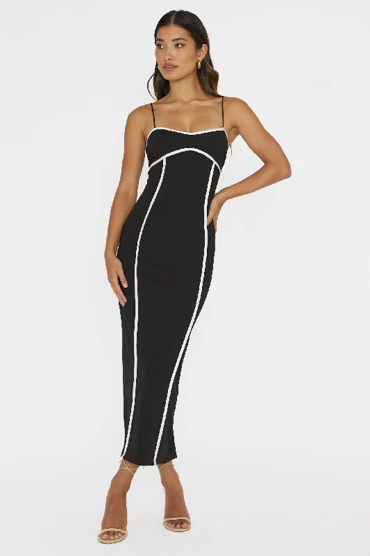 Leather - Look Casual Dresses for a Tough Style​ Justyna Contrast Piping Trim Midi Dress Black