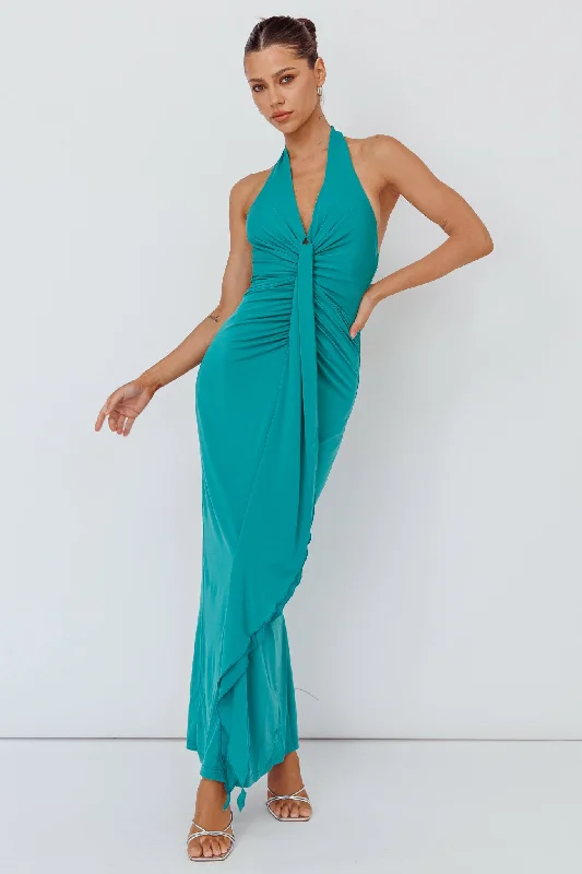 Knit Casual Dresses in Chunky Patterns​ Ray Of Light Ruched Halterneck Maxi Dress Green