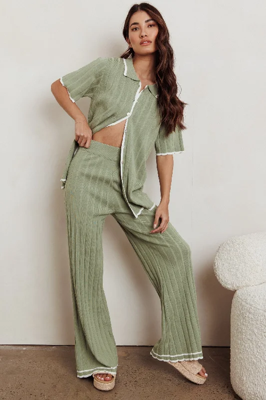 Child - Sized Casual Dresses with Cute Designs Liloh Contrast Ribbed Wide Leg Pant Sage Child - Sized Casual Dresses with Cute Designs Liloh Contrast Ribbed Wide Leg Pant Sage