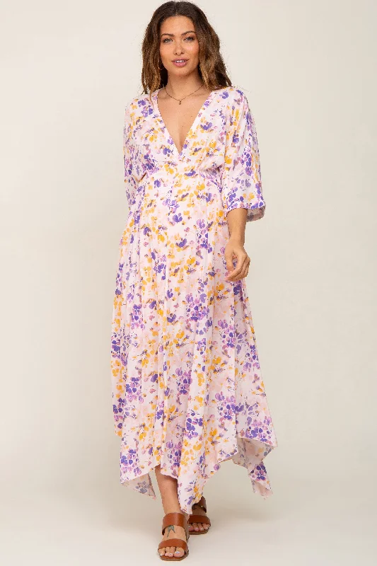 Hypoallergenic Casual Dresses for Sensitive Skin​ Pink Floral Flowy Short Sleeve Maternity Maxi Dress