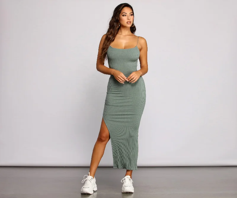 Button - Front Casual Dresses with Decorative Buttons​ Good Vibes Basic Ribbed Knit Maxi Dress
