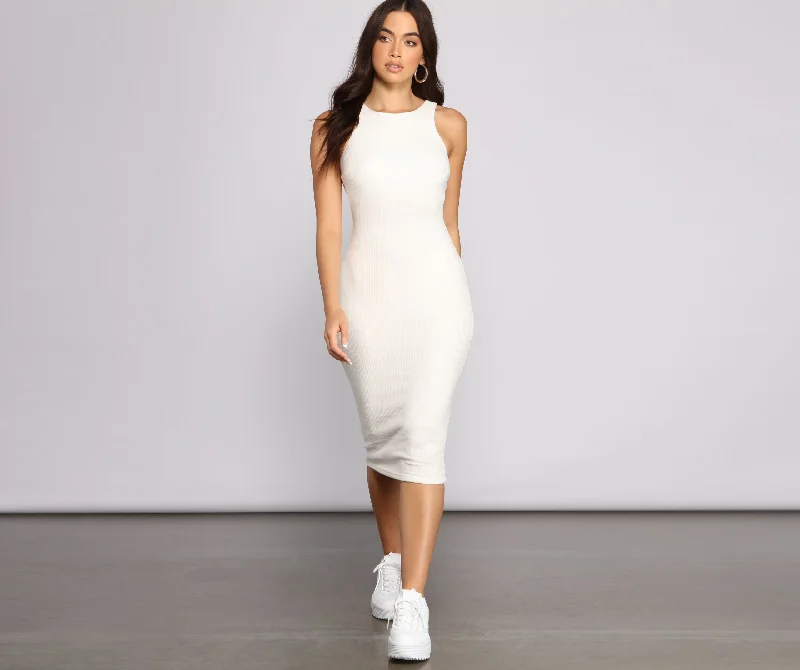 Picnic - Ready Casual Dresses in Bright Colors​ Brushed Knit Sleeveless Crew Neck Midi Dress