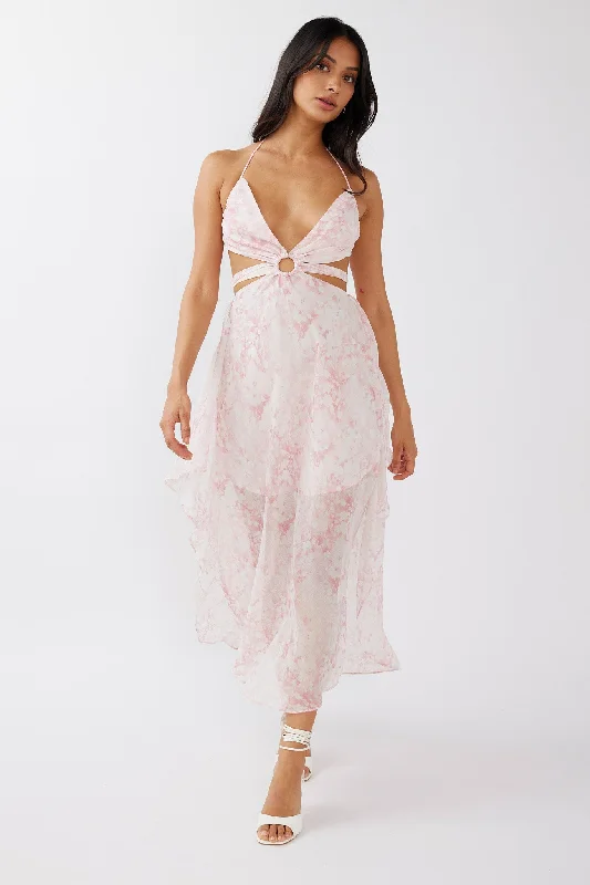 Anti - Wrinkle Casual Dresses for Easy Maintenance​ Samia Cut-Out Halterneck Midi Dress Print Blush