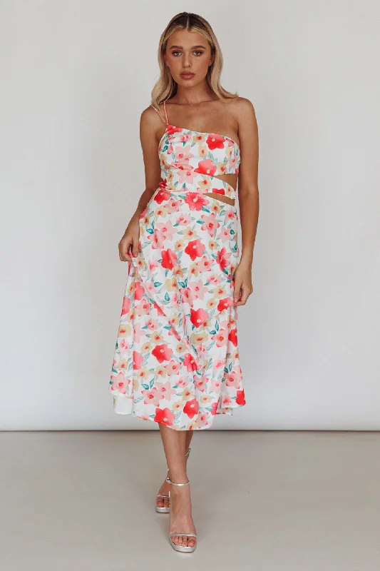Plus - Size Casual Dresses for a Comfortable Fit​ Halia One-Shoulder A-Line Midi Dress Floral Pink