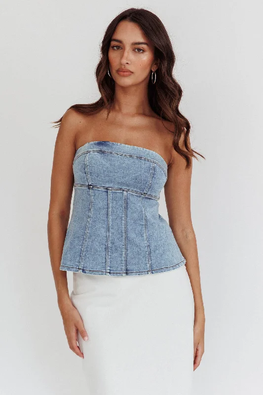 Crochet Casual Dresses for a Handmade Appeal​ Cathlin Strapless Top Denim Blue